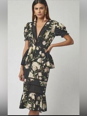 New Johanna Ortiz Black Midi Dress with Cream Floral Print